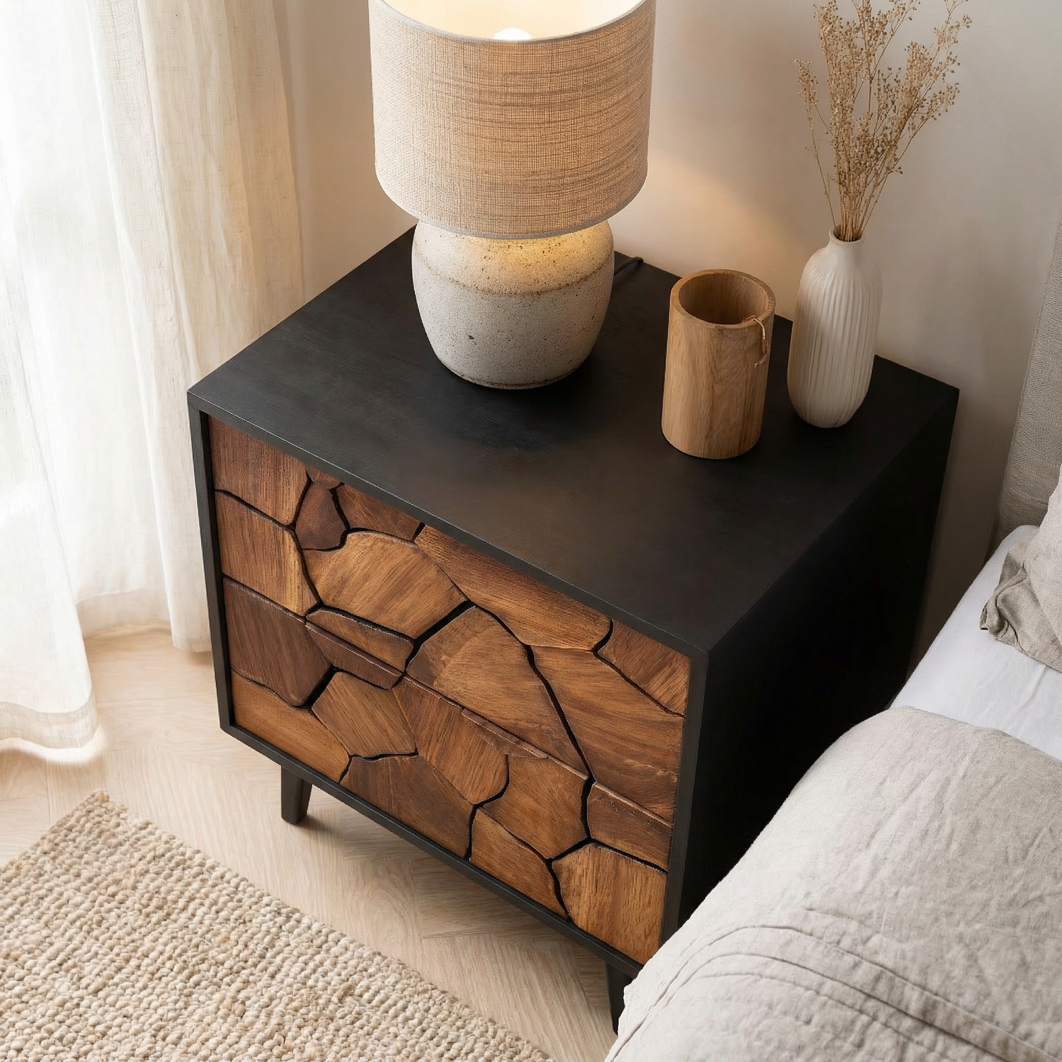Handcrafted Solid Wood Nightstand with Geometric Carved Drawer Fronts and Black Frame