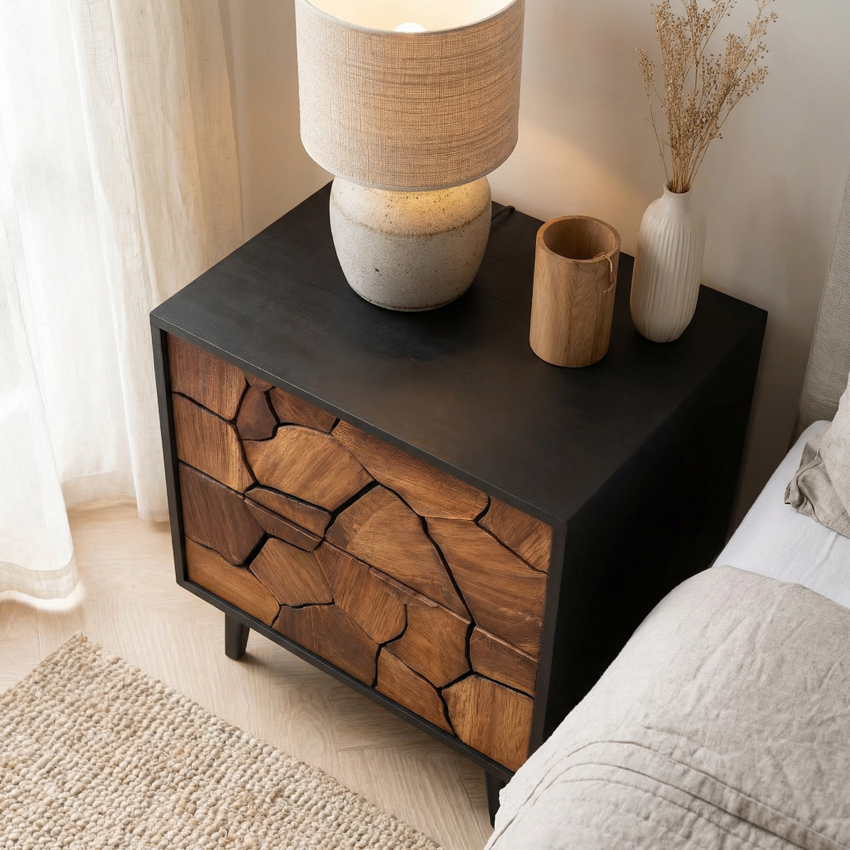 Handcrafted Solid Wood Nightstand with Geometric Carved Drawer Fronts and Black Frame