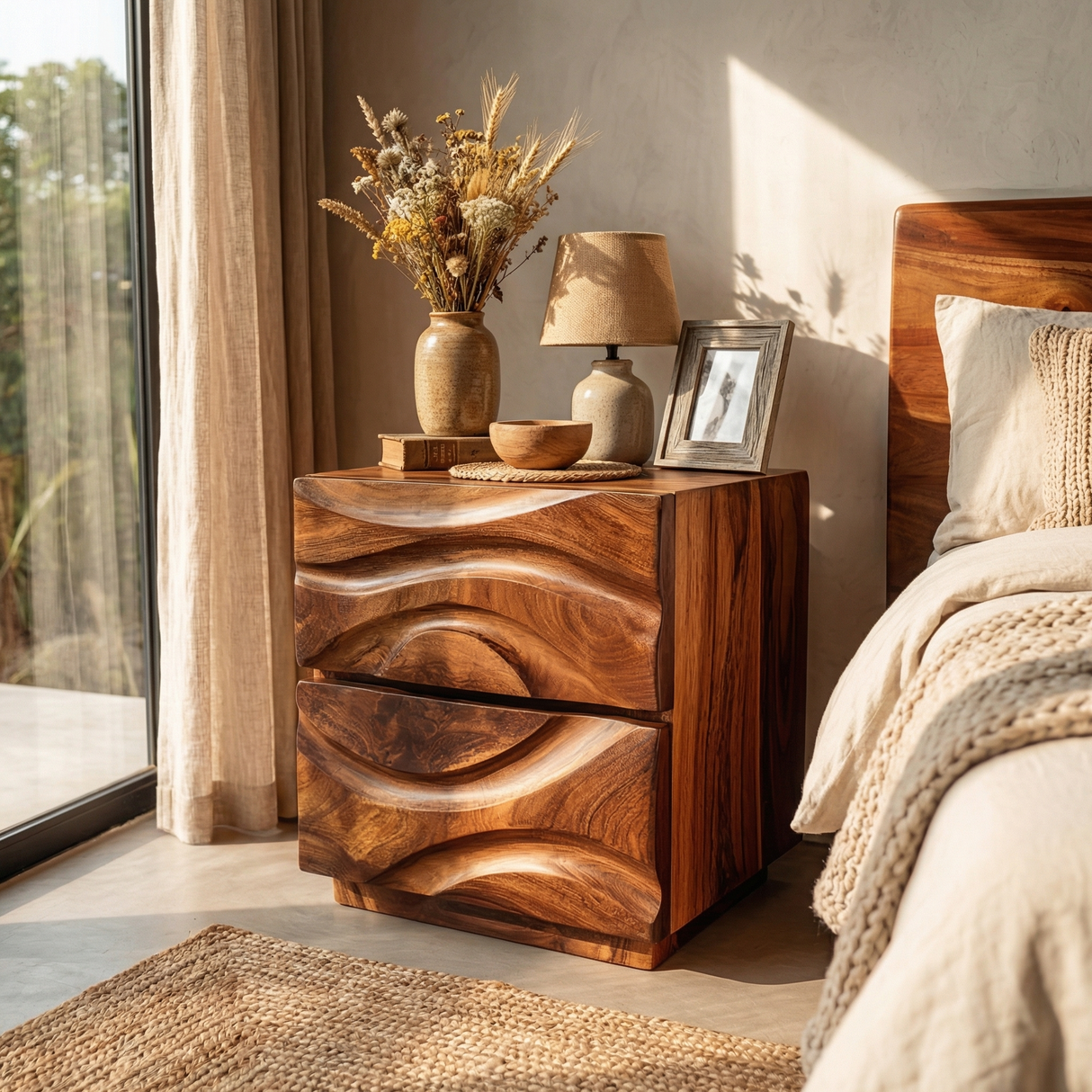 Handcrafted Solid Wood Nightstand with Sculpted Wave Drawer Fronts