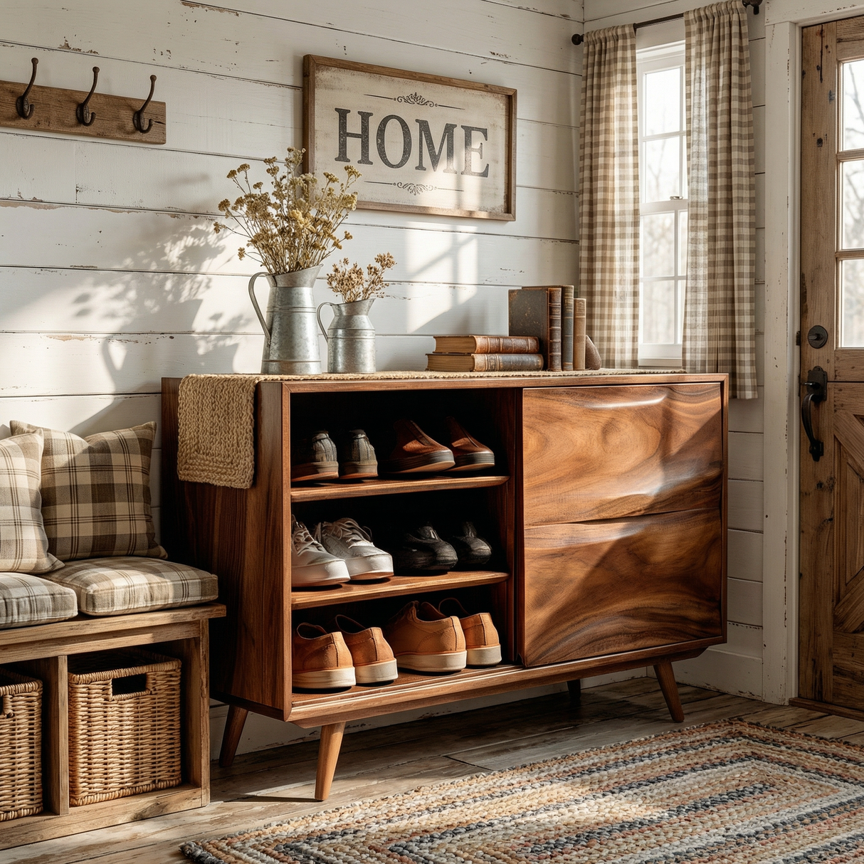 Handcrafted Solid Wood Shoe Cabinet with Open Shelves for Entryway