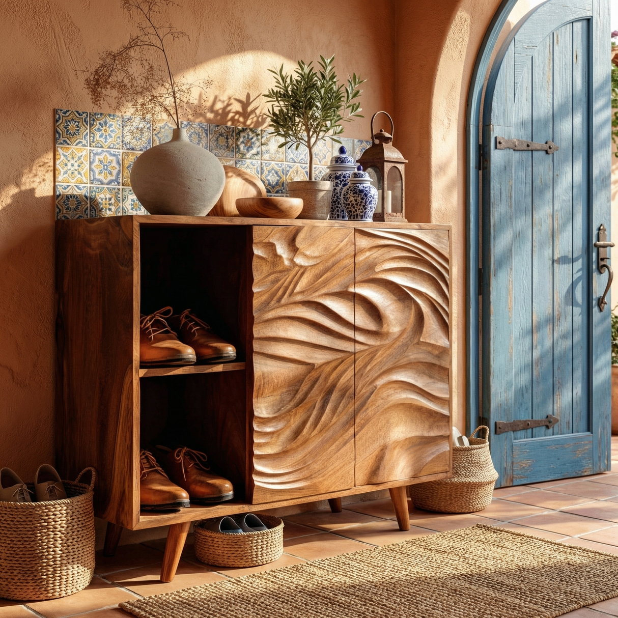 Handmade Solid Wood Shoe Cabinet with Carved Flow Front and Open Side Storage