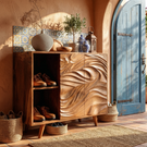 Handmade Solid Wood Shoe Cabinet with Carved Flow Front and Open Side Storage