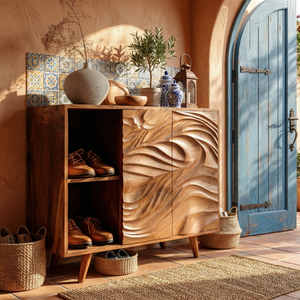 Handmade Solid Wood Shoe Cabinet with Carved Flow Front and Open Side Storage