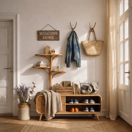 Handcrafted Solid Wood Entryway Bench with Shoe Storage and Tree Shelf Organizer