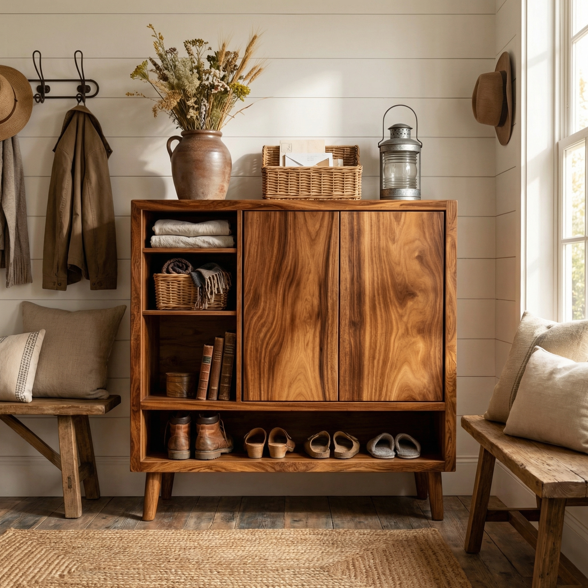 Handcrafted Solid Wood Shoe Cabinet with Double Doors and Open Shelving for Entryway