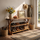Handcrafted Solid Wood Shoe Rack Console with Open Shelves and Sculptural Branch Legs