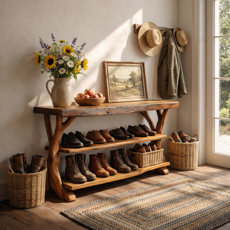 Handcrafted Solid Wood Shoe Rack Console with Open Shelves and Sculptural Branch Legs