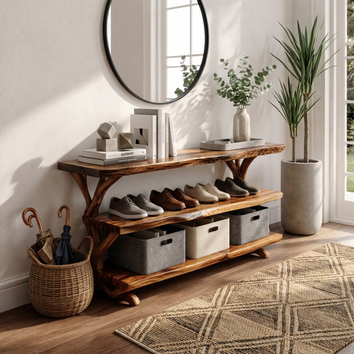 Handcrafted Solid Wood Shoe Rack Console with Open Shelves and Organic Branch Base