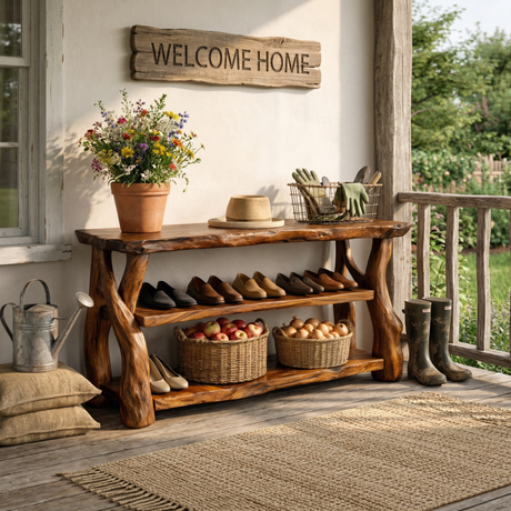 Handcrafted Solid Wood Shoe Rack Console with Rustic Live Edge Top and Open Shelving
