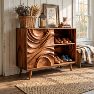 Handcrafted Solid Wood Shoe Cabinet with Sculptural Carved Door and Open Shelves for Entryway