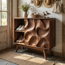 Handcrafted Solid Wood Shoe Cabinet with Sculptural Carved Doors and Open Side Shelves
