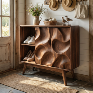 Handcrafted Solid Wood Shoe Cabinet with Sculptural Carved Doors and Open Side Shelves