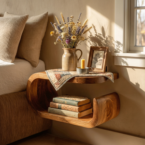 Handcrafted Solid Wood Floating Nightstand with Curved Open Storage for Bedroom