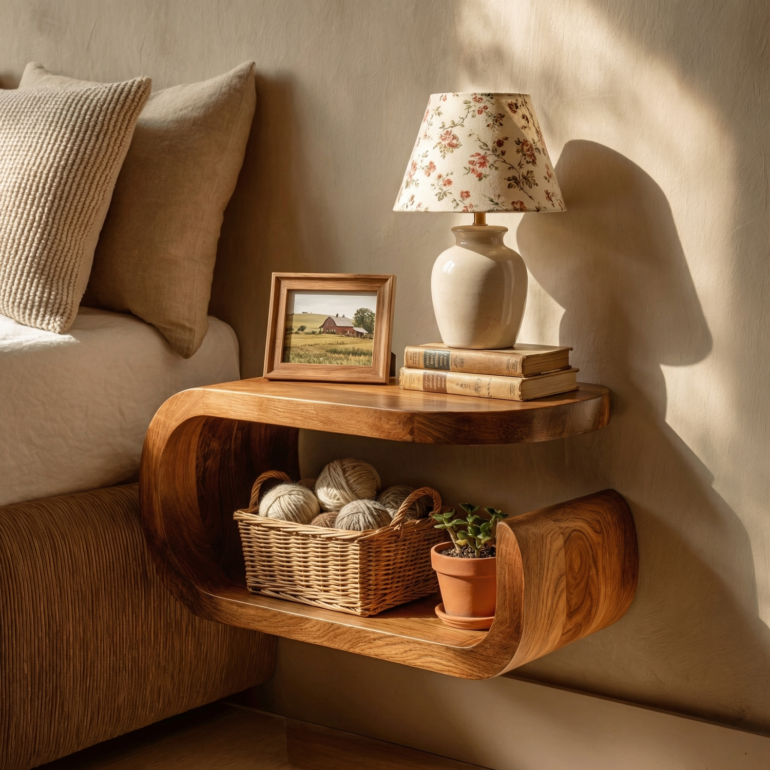 Handcrafted Solid Wood Floating Nightstand with Curved Open Storage for Bedroom