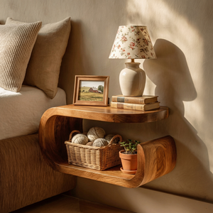 Handcrafted Solid Wood Floating Nightstand with Curved Open Storage for Bedroom