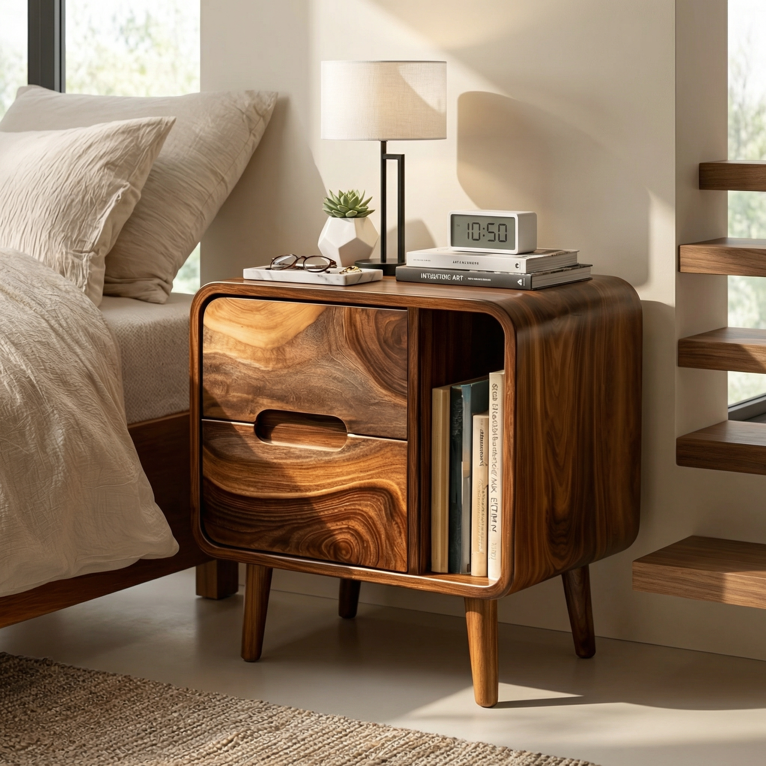 Handcrafted Solid Wood Nightstand with Drawer and Open Book Shelf for Bedroom