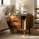 Handcrafted Solid Wood Nightstand with Drawer and Open Book Shelf for Bedroom