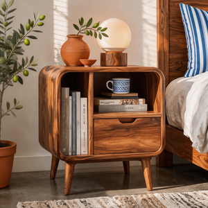 Solid Wood Nightstand with Drawer and Open Side Storage for Bedroom