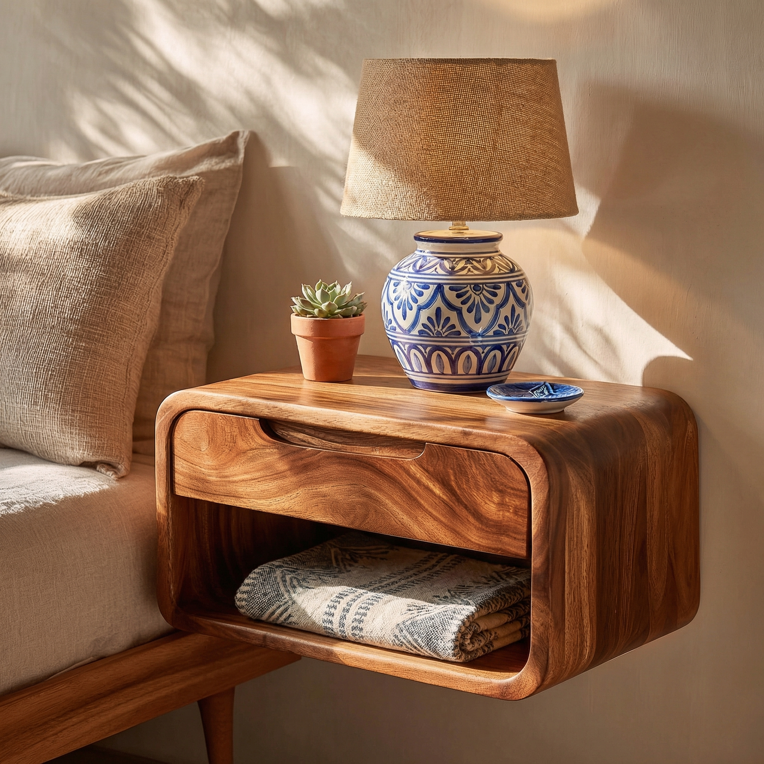 Handcrafted Solid Wood Floating Nightstand with Drawer and Open Storage for Bedroom