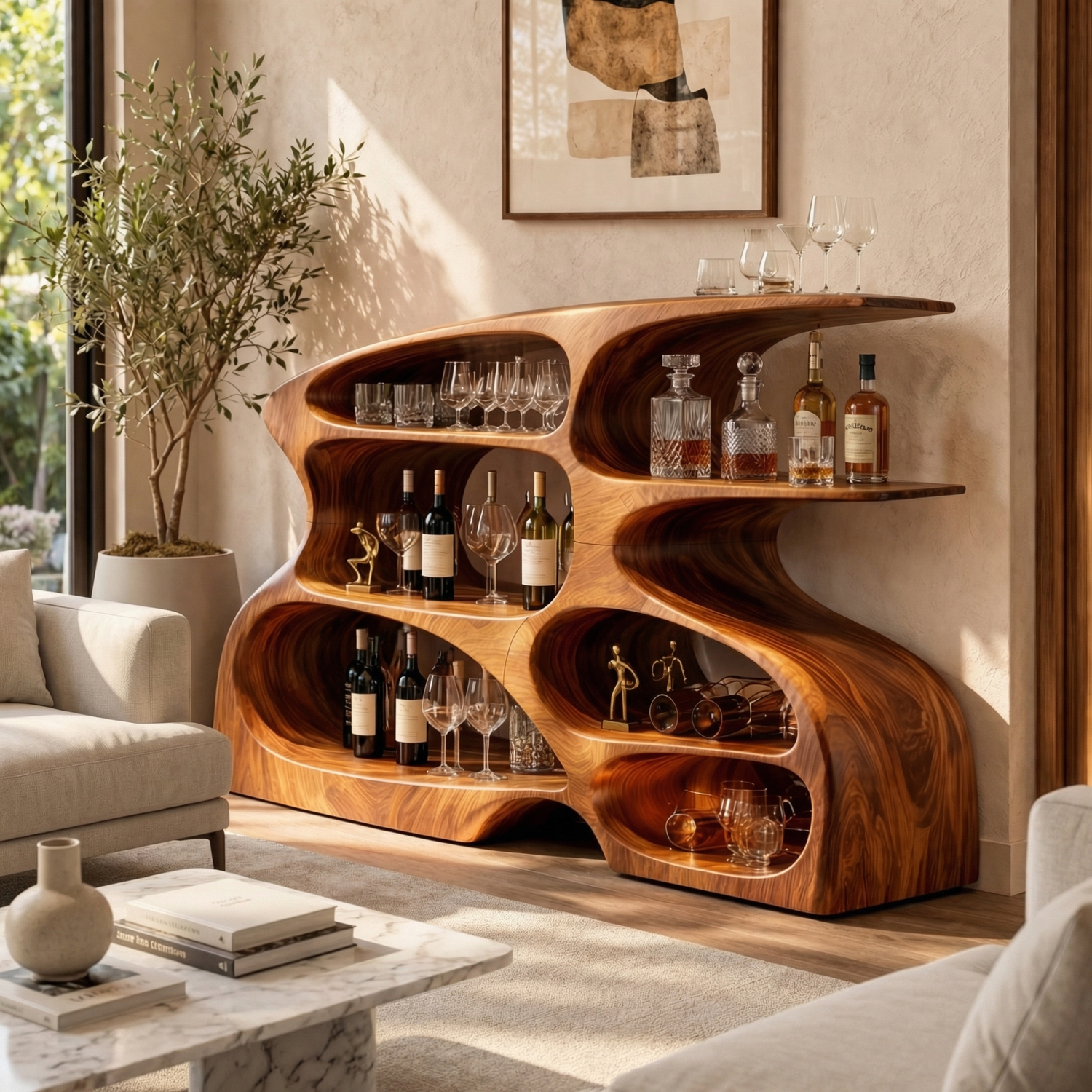 Handcrafted Solid Wood Wine Cabinet with Open Display Shelves