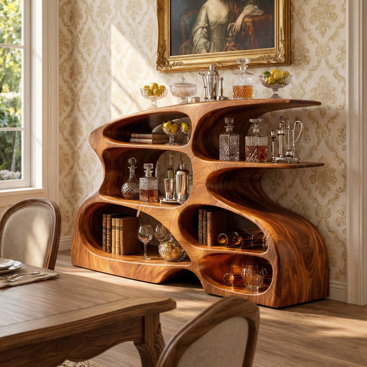 Handcrafted Solid Wood Wine Cabinet with Open Display Shelves