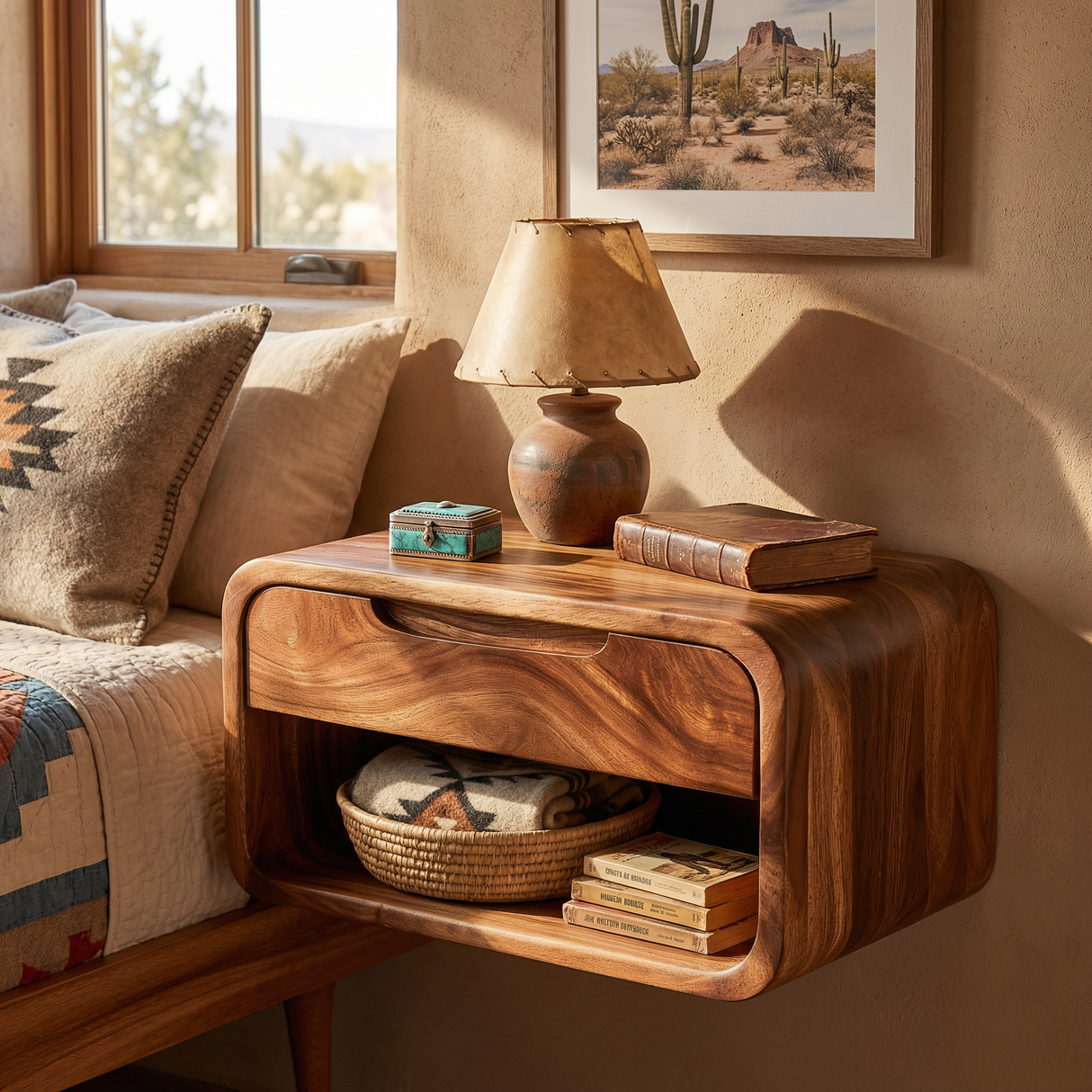 Handcrafted Solid Wood Floating Nightstand with Drawer and Open Storage for Bedroom