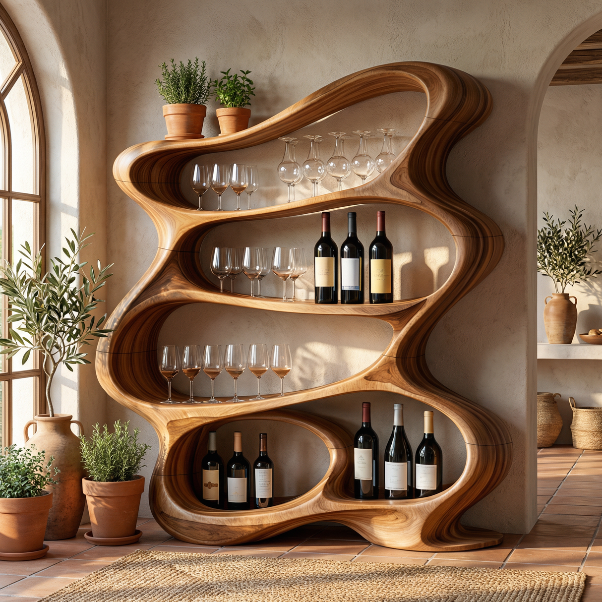 Handcrafted Solid Wood Wine Rack Cabinet with Flowing Open Shelves
