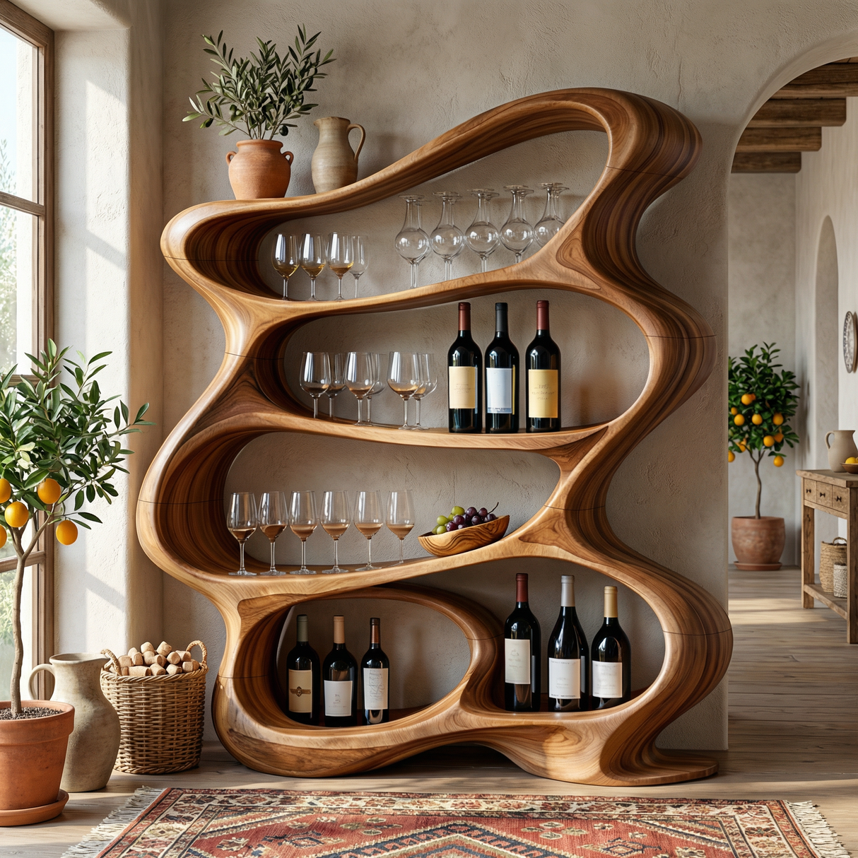 Handcrafted Solid Wood Wine Rack Cabinet with Flowing Open Shelves