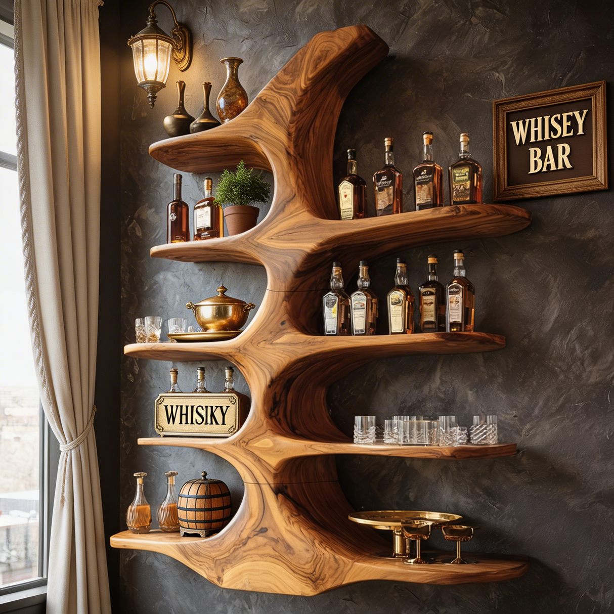 Handcrafted Solid Wood Wall Mounted Whiskey Shelf with Organic Branch Form