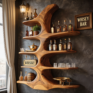 Handcrafted Solid Wood Wall Mounted Whiskey Shelf with Organic Branch Form