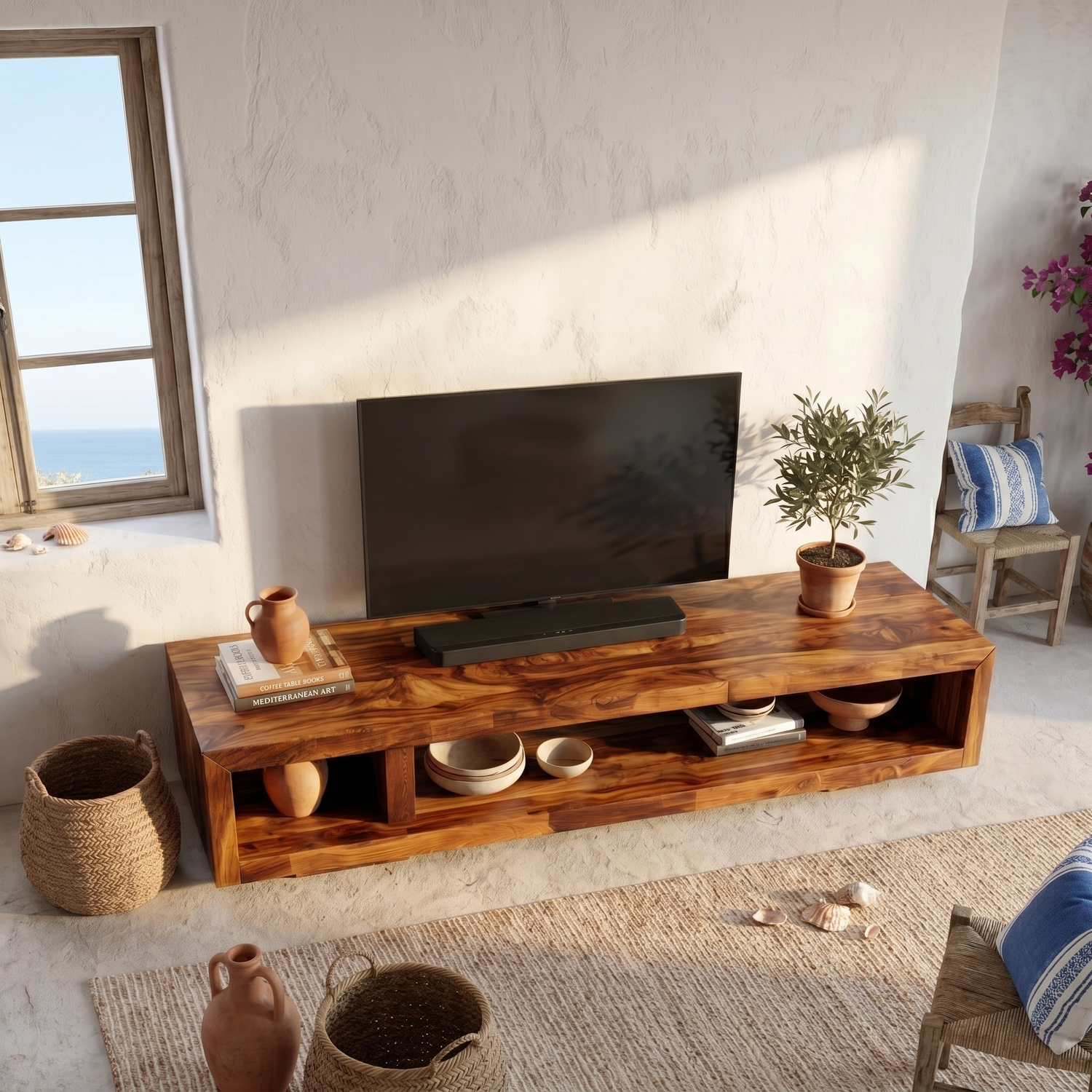 Minimalist Solid Wood TV Cabinet with Open Storage Shelf for Living Room