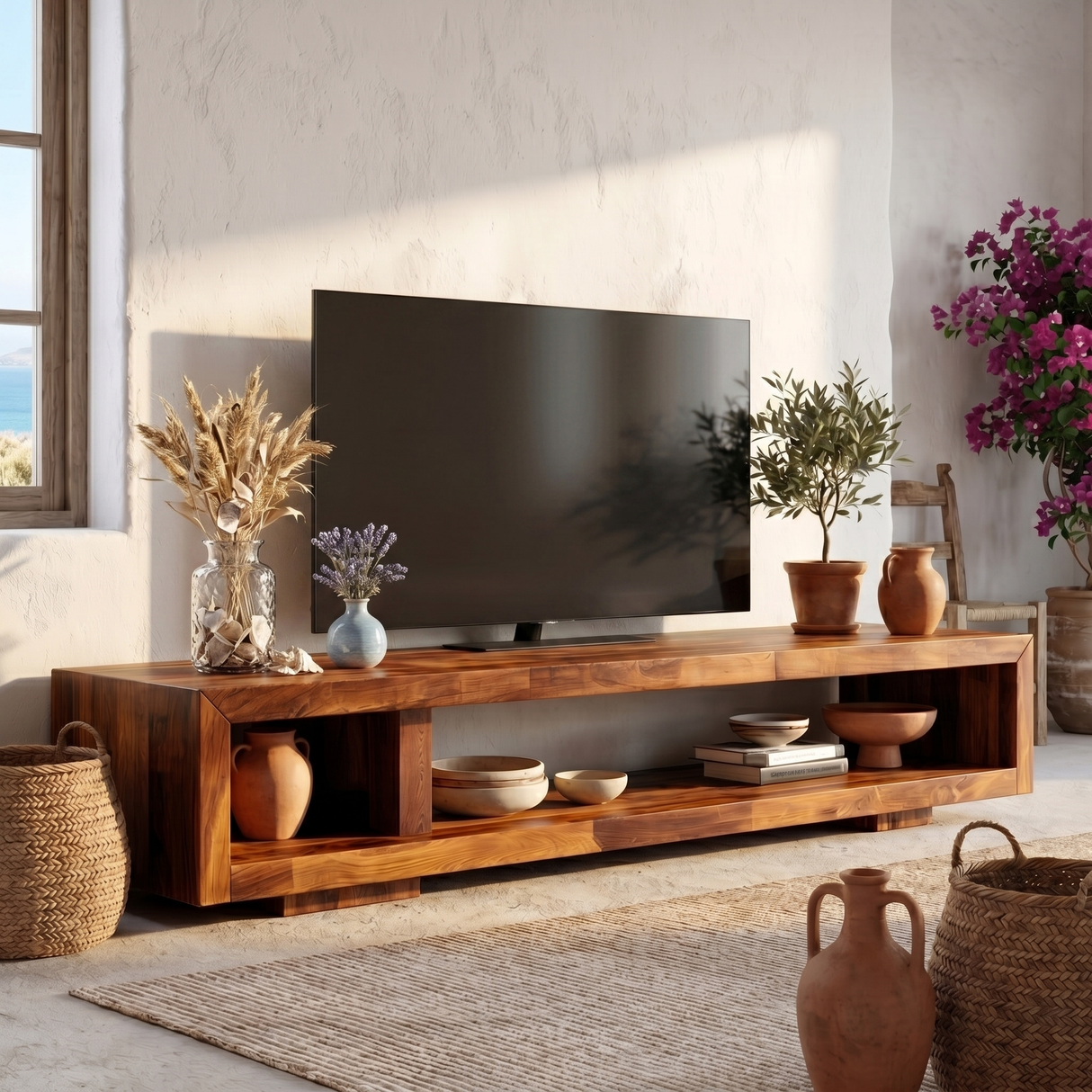 Minimalist Solid Wood TV Cabinet with Open Storage Shelf for Living Room