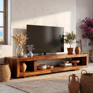 Minimalist Solid Wood TV Cabinet with Open Storage Shelf for Living Room