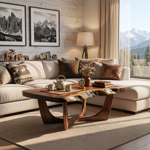 Solid Wood Coffee Table with Natural Edge Detail and Sculptural Base
