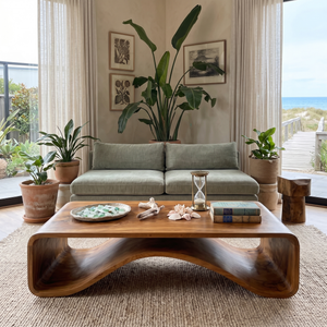 Organic Solid Wood Coffee Table with Wave Shelf Base