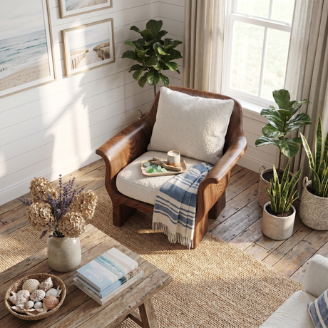 Solid Wood Lounge Chair with Rounded Back and Sculptural Frame