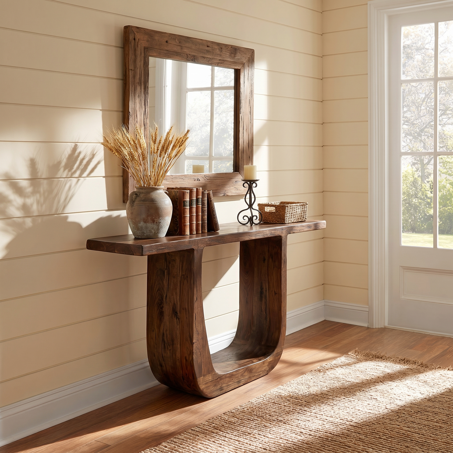 Solid Wood Console Table with Sculptural U-Shaped Base