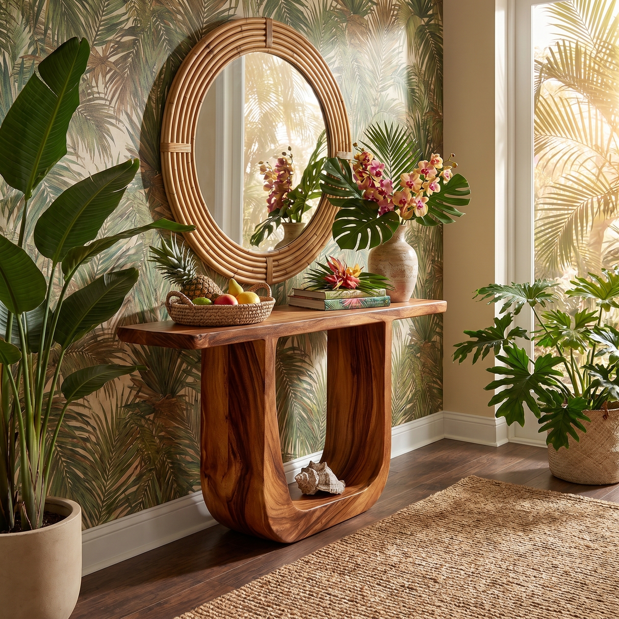 Solid Wood Console Table with Sculptural U-Shaped Base