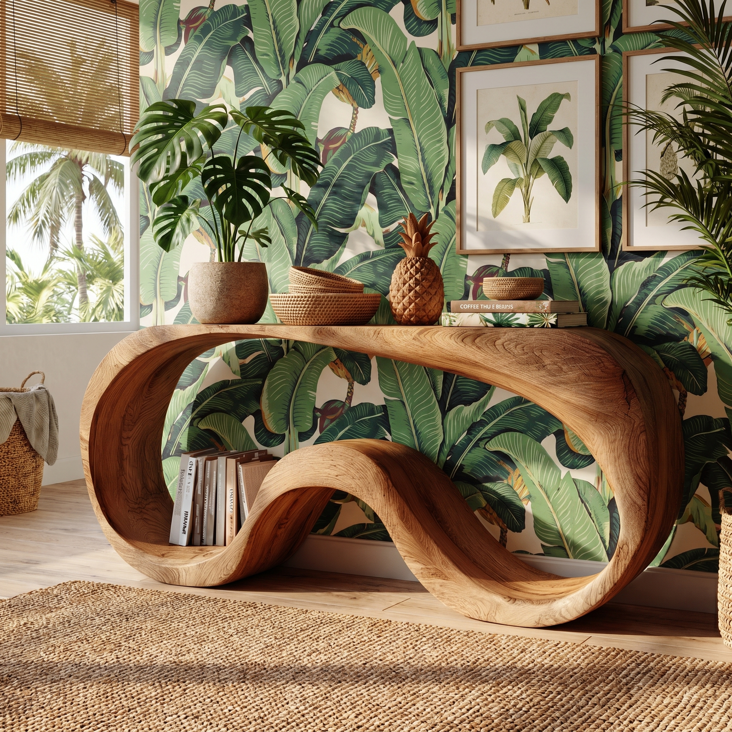 Organic Solid Wood Console Table with Continuous Wave Base