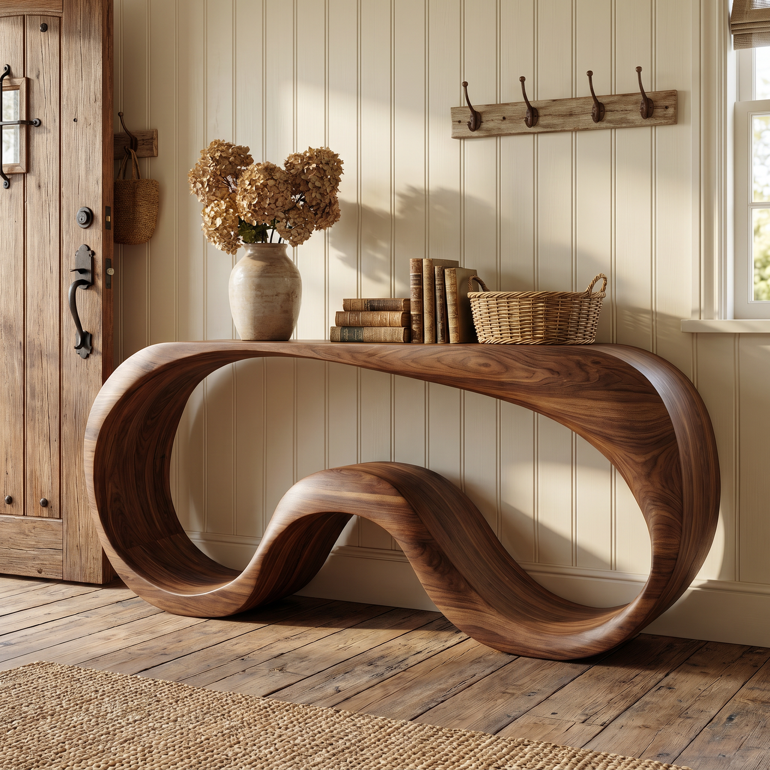 Organic Solid Wood Console Table with Continuous Wave Base