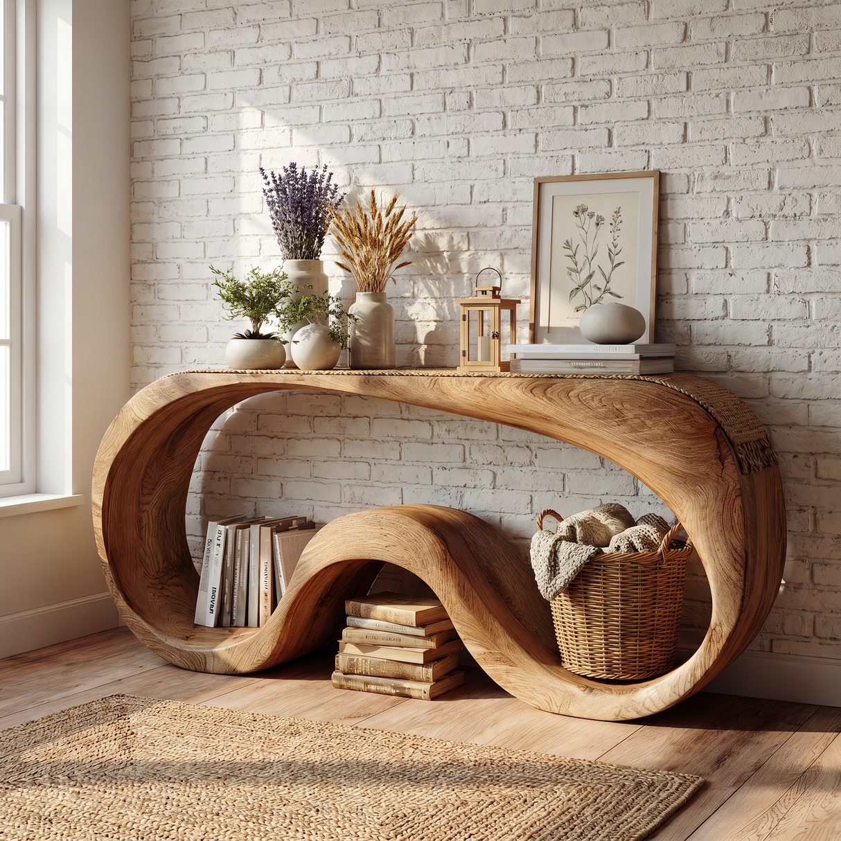 Organic Solid Wood Console Table with Continuous Wave Base