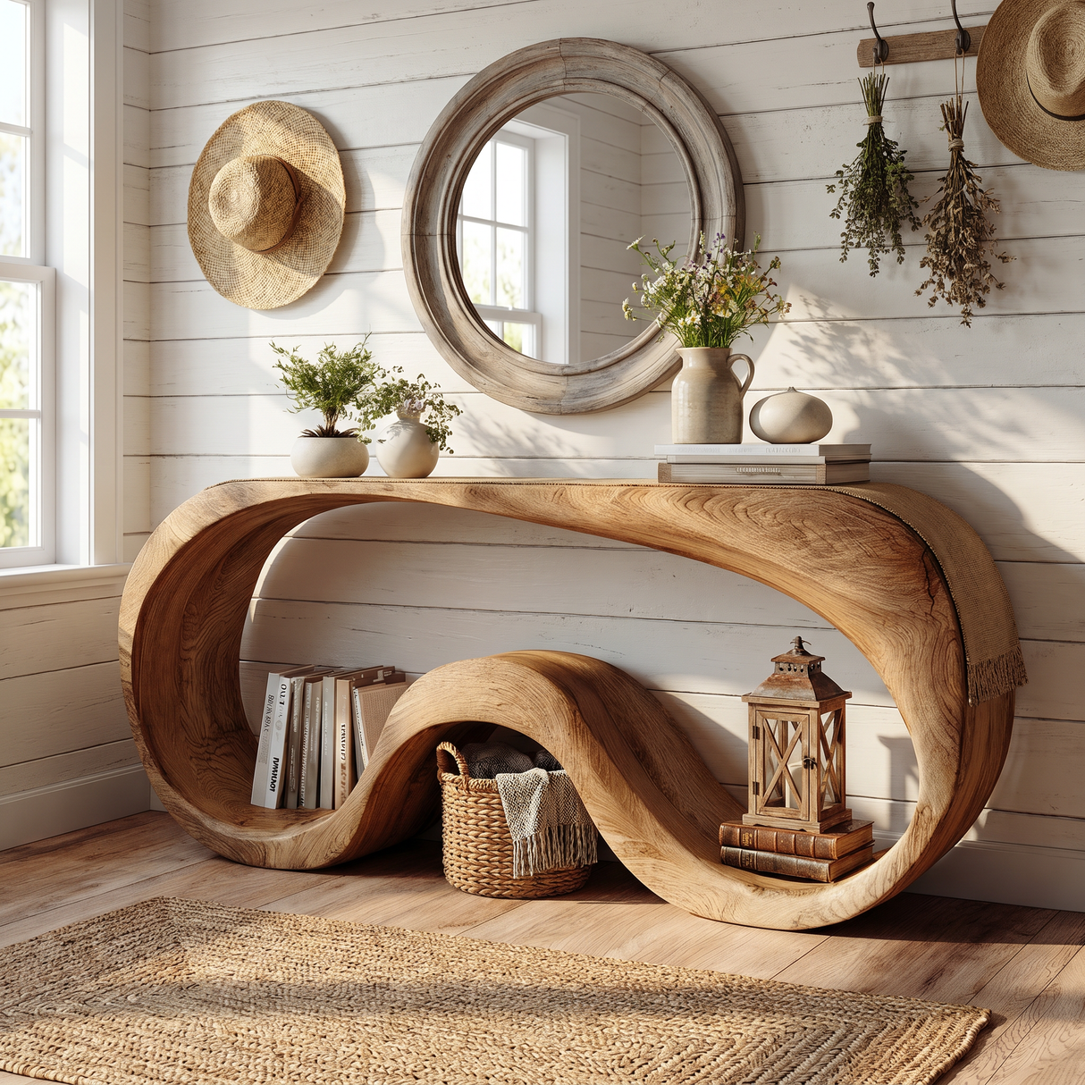 Organic Solid Wood Console Table with Continuous Wave Base