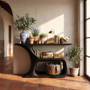 Solid Wood Console Table with Sculptural Open Shelf Base