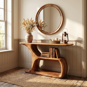 Solid Wood Console Table with Sculptural Open Shelf Base