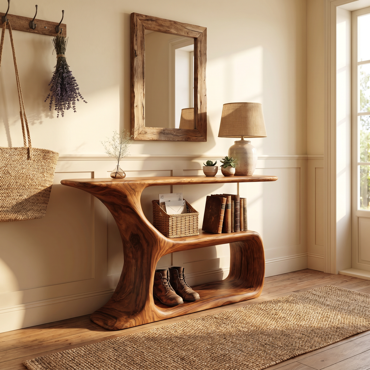 Solid Wood Console Table with Sculptural Open Shelf Base