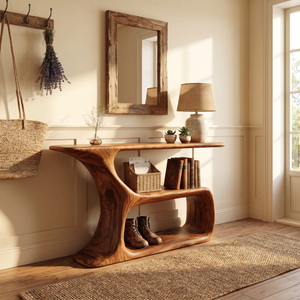 Solid Wood Console Table with Sculptural Open Shelf Base