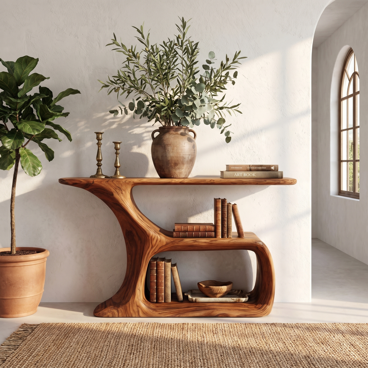 Solid Wood Console Table with Sculptural Open Shelf Base