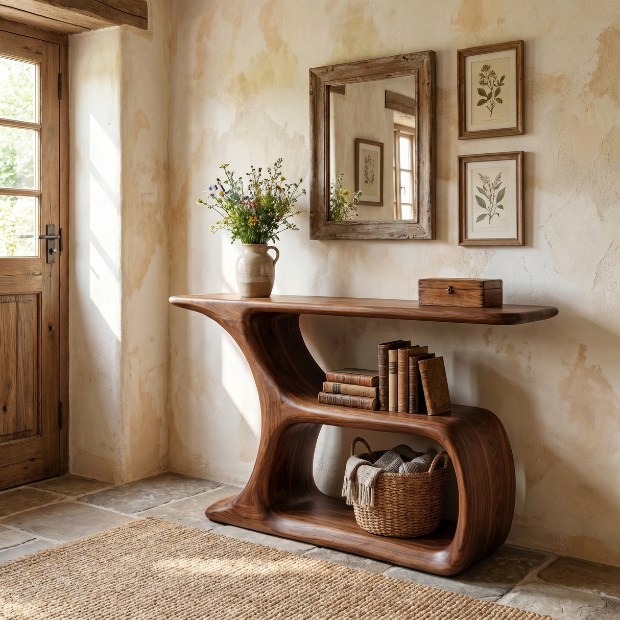 Solid Wood Console Table with Sculptural Open Shelf Base