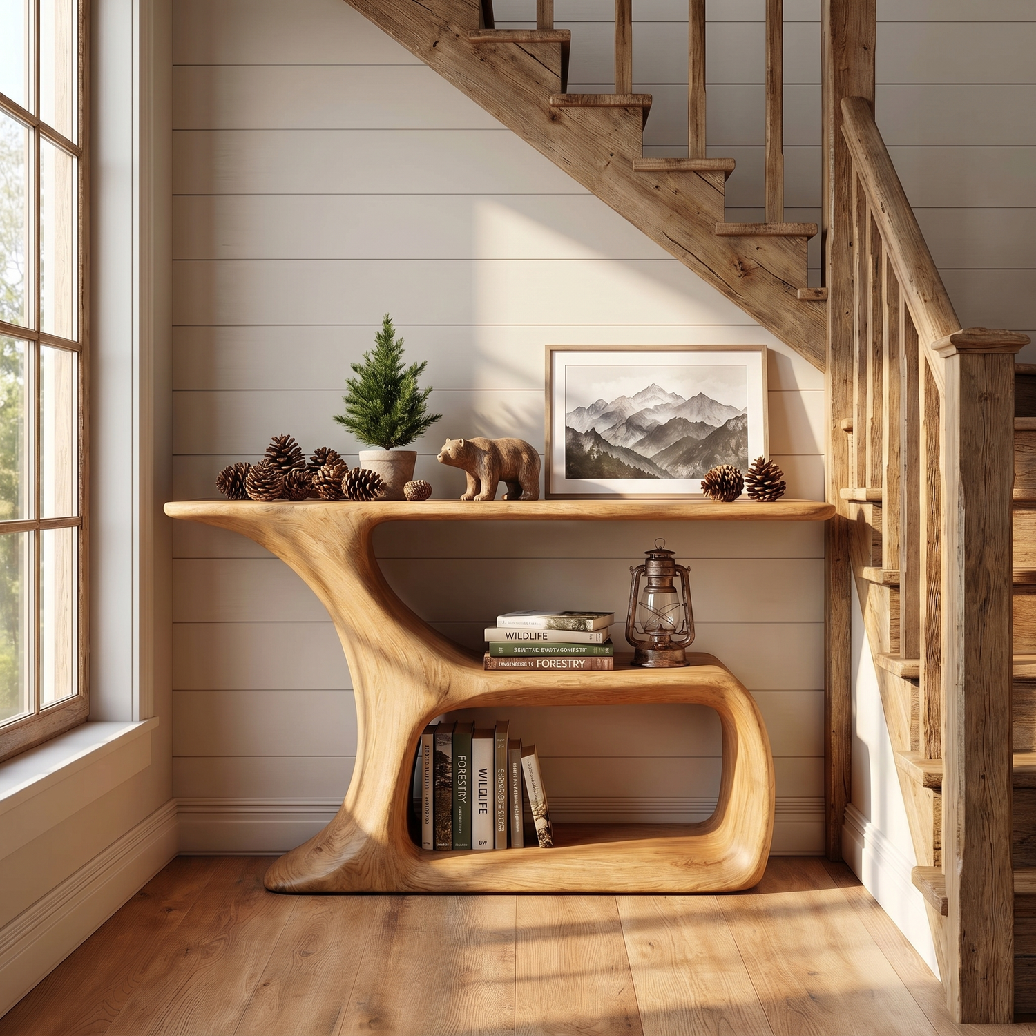 Solid Wood Console Table with Sculptural Open Shelf Base