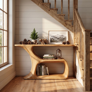 Solid Wood Console Table with Sculptural Open Shelf Base